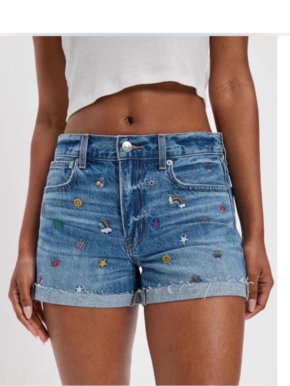 American Eagle Denim/Jean Shorts. '90s Boyfriend  Embroidered Patches. Size 6